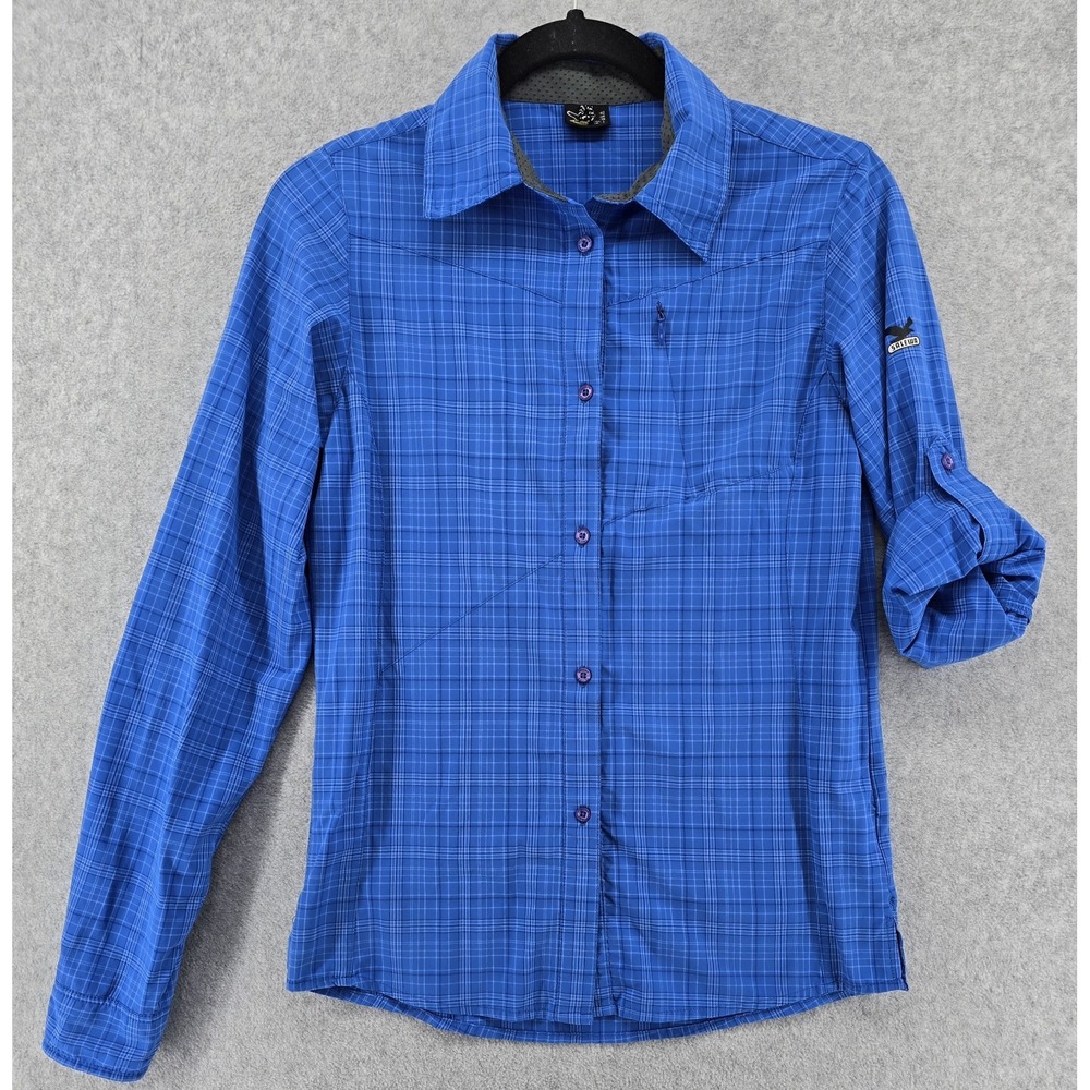 Salewa Women's Fianit Dry'ton Button Up Shirt Sz S Roll Sleeve Blue Plaid Hiking